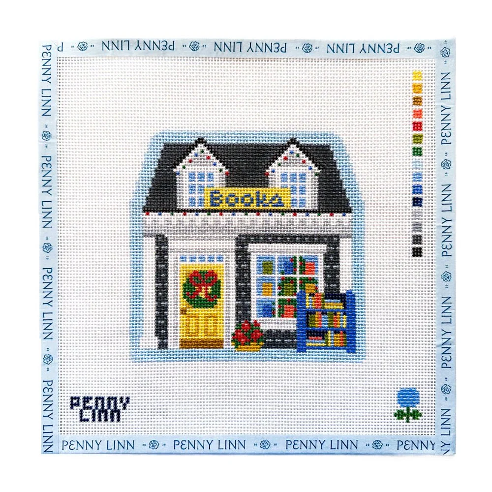 Blue-Hydrangea-Stitcher-Cape-Christmas-Village-Bookstore-Needlepoint-Canvas-Penny-Linn.webp