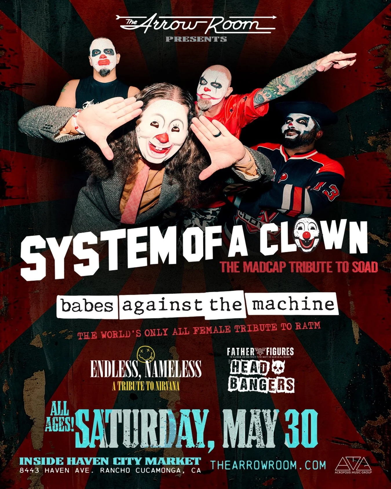 INLAND EMPIRE! 🎪 The clown show is coming your way! On Saturday, May 30 we&rsquo;ll be taking over the @thearrowroom along with our good friends @babesagainstthemachinetribute, @endlessnamelessmusic, and @thefatherfiguresband for a night of SOAD, RA