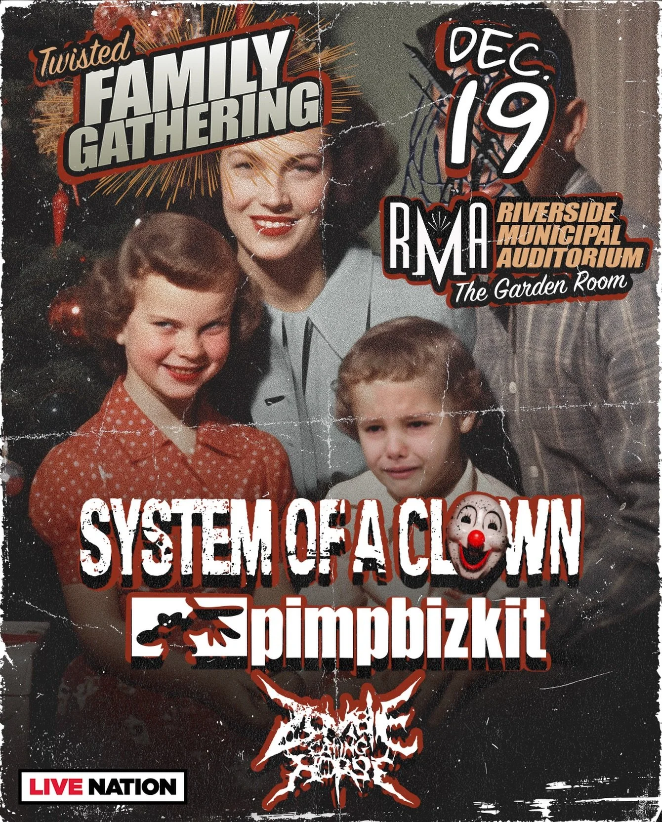 RIVERSIDE!! The clown show is finally coming to town on December 19 to The Garden Room at @rmariverside and we&rsquo;re bringing the heat with our friends from @pimpbizkitofficial and @zombieeatinghorse! 🤡ALL AGES!!!🤡 Get your tickets at the link i