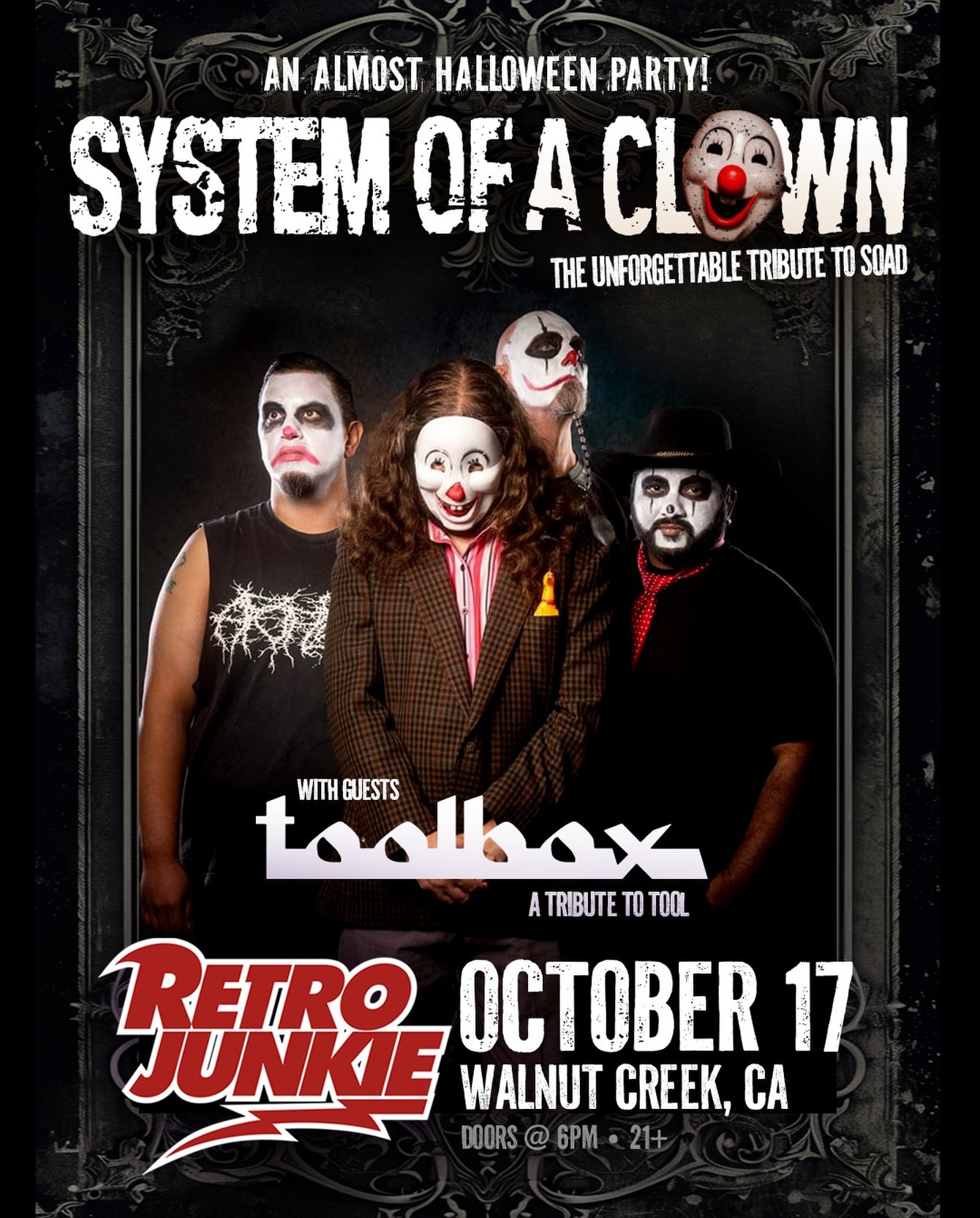 It&rsquo;s almost spooky season! Join us @retrojunkiebar on October 17 for an Almost Halloween Party along with Toolbox! Get your tickets early from the link in our website. 🤘🏻🎃🤘🏻
&hellip;
#systemofadown #soad #tribute