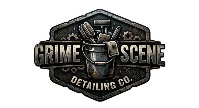 Logo for Grime Scene Detailing Co. featuring a metal bucket filled with cleaning tools, surrounded by gears and a dark industrial background.