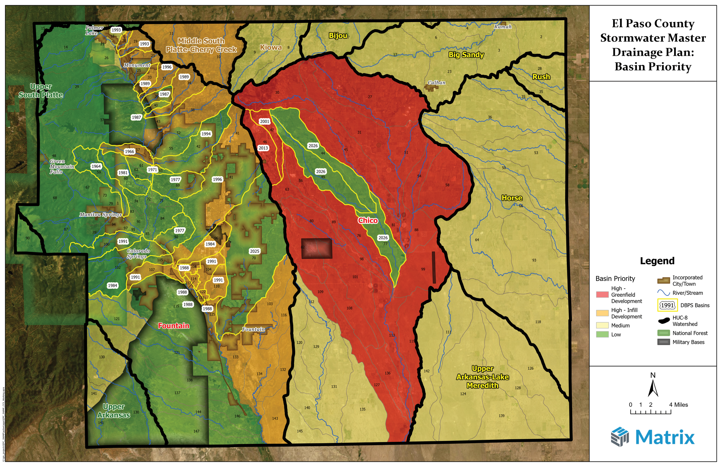 Pictured are the stormwater basins located within the El Paso County Stormwater Master Drainage Plan boundaries.