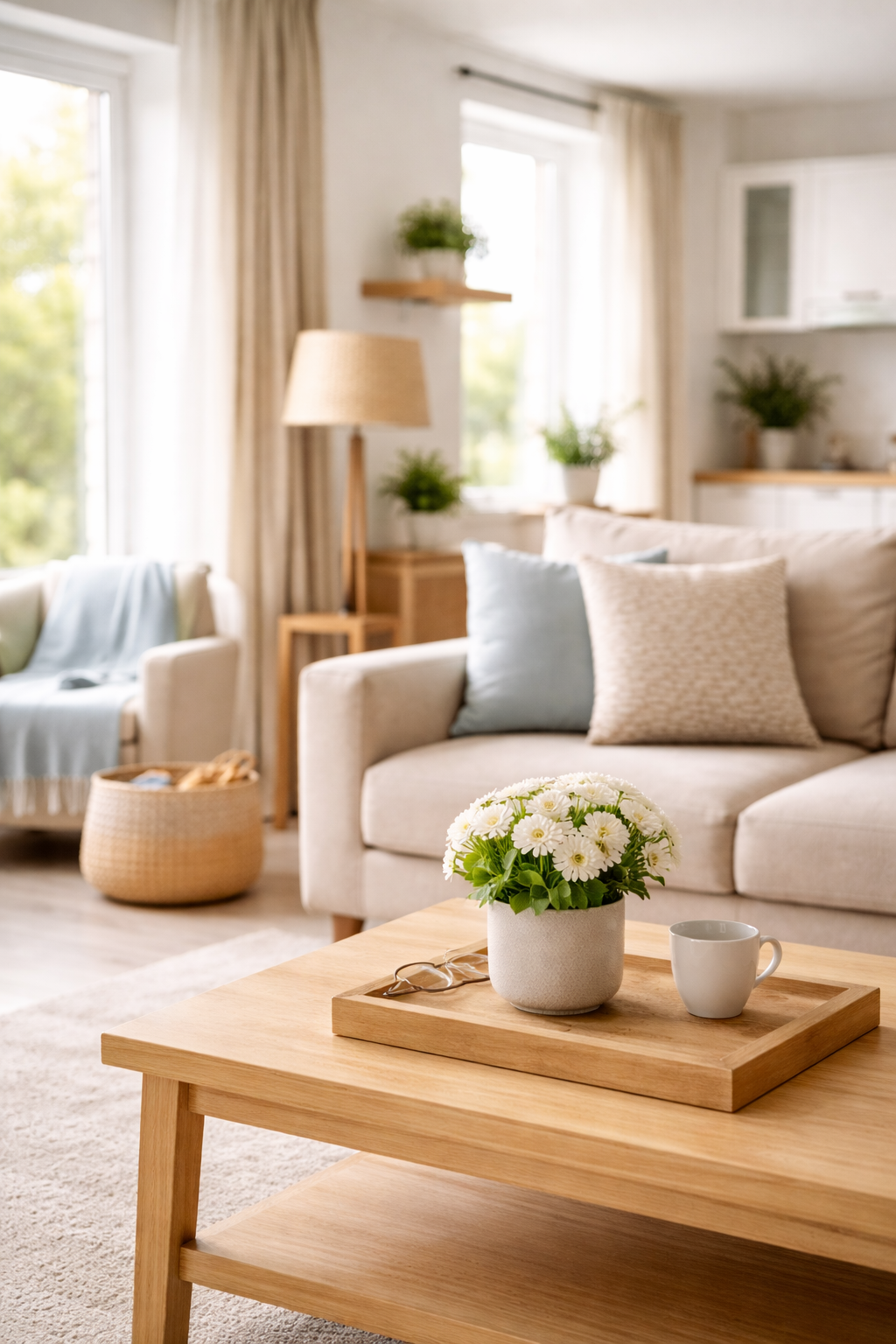 Living room with a beige sofa, blue and beige pillows, a wooden coffee table with a white potted flower and a white mug, a cream armchair, and natural light from large windows with beige curtains.