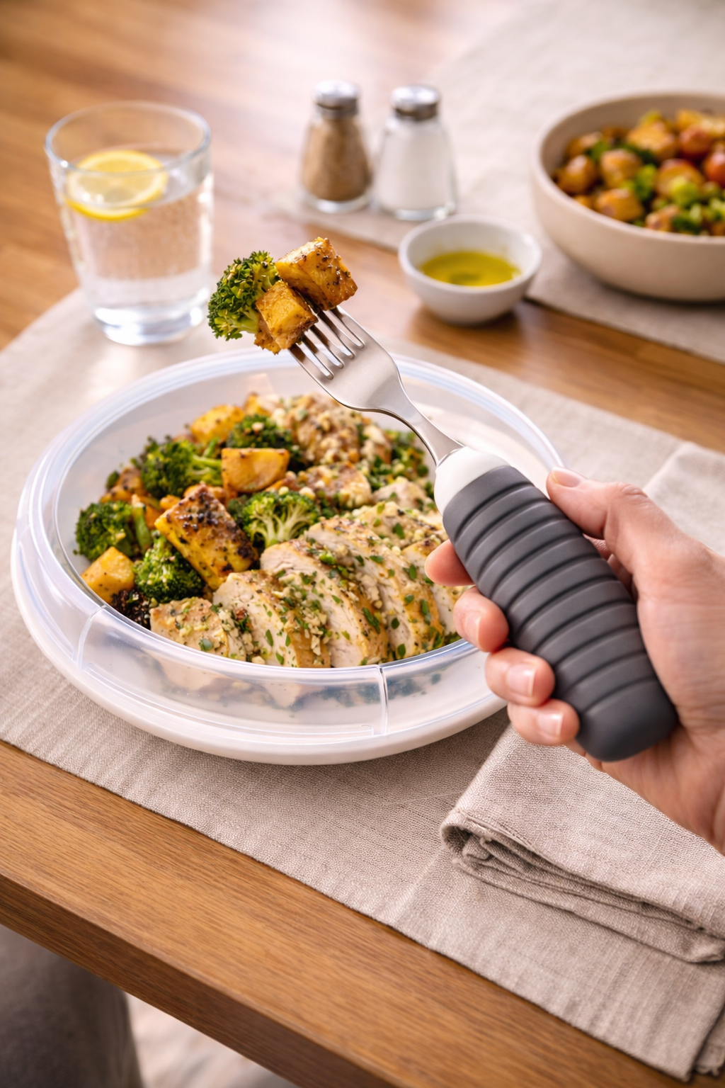 A person holds a fork with grilled chicken and broccoli over a sliced grilled chicken and vegetable salad in a clear plastic container on a wooden table, with a glass of lemon water, salt and pepper shakers, olive oil, and a bowl of salad in the background.