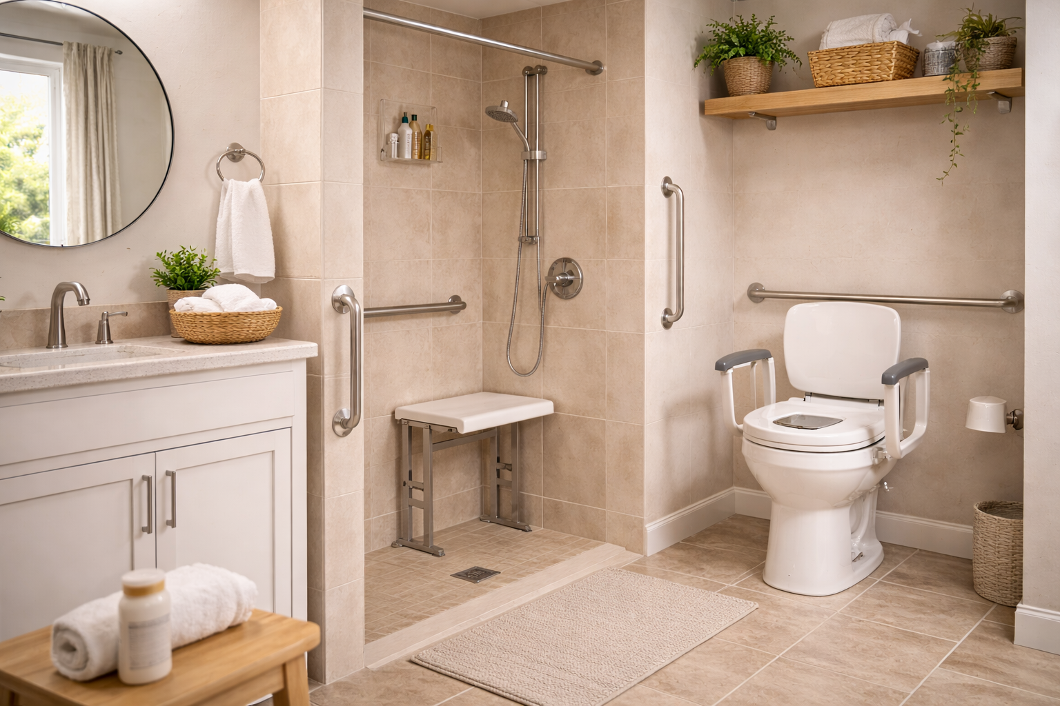 Accessible bathroom with shower, grab bars, toilet, vanity with mirror, and shelving with plants and baskets.