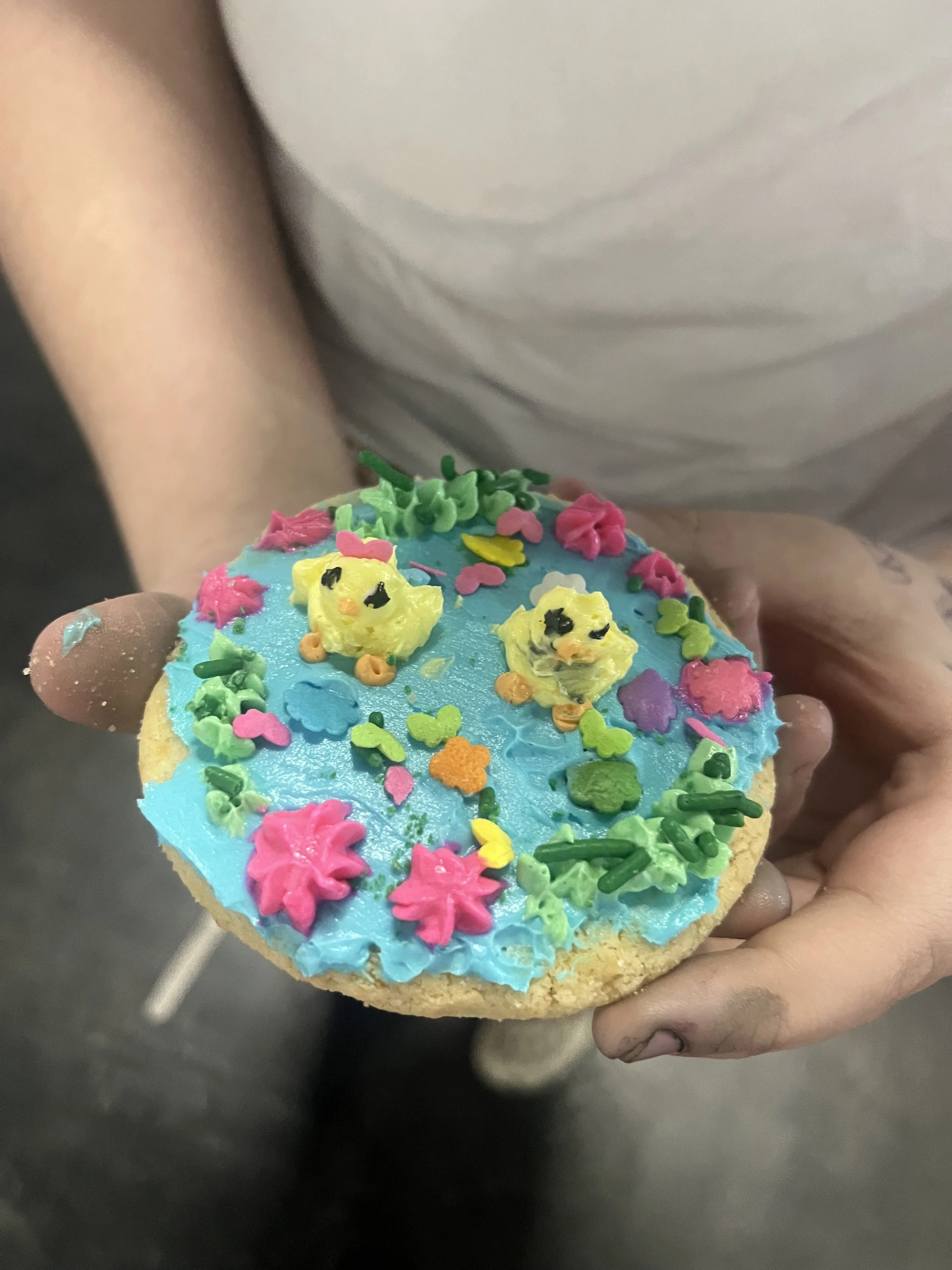 Colorful decorated cookie with blue icing, featuring yellow chick shapes and floral sprinkles.