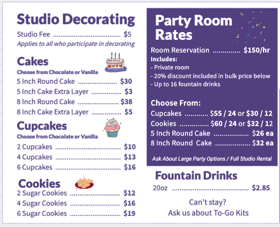 Menu listing studio decorating fees, cake options, cupcake options, cookie options, party room rates, fountain drinks, and to-go kits.