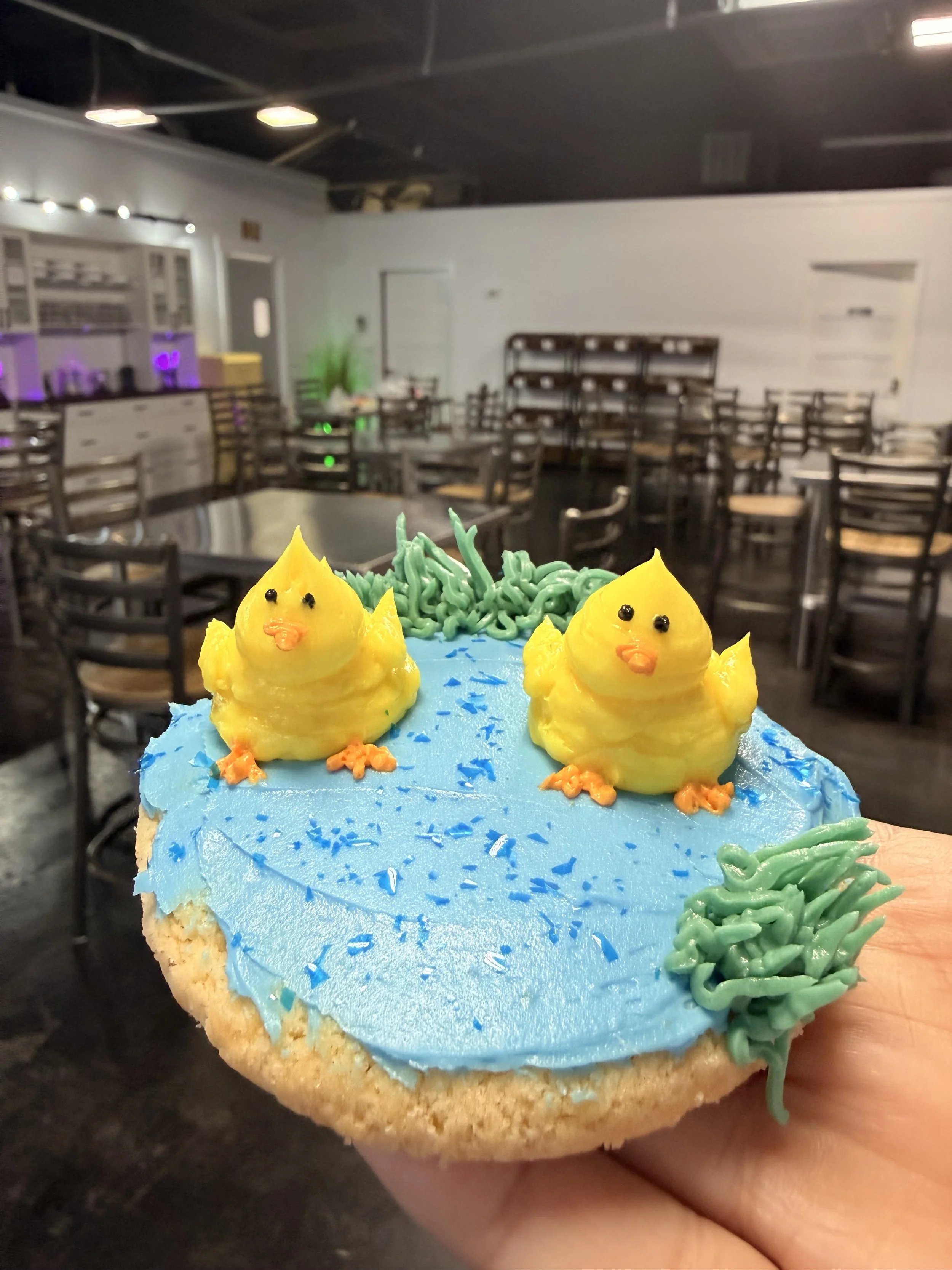 Close-up of a hand holding a decorated cookie with yellow duck-shaped figures on top, blue icing, green icing decorations, and blue sprinkles, at frost your cake studio