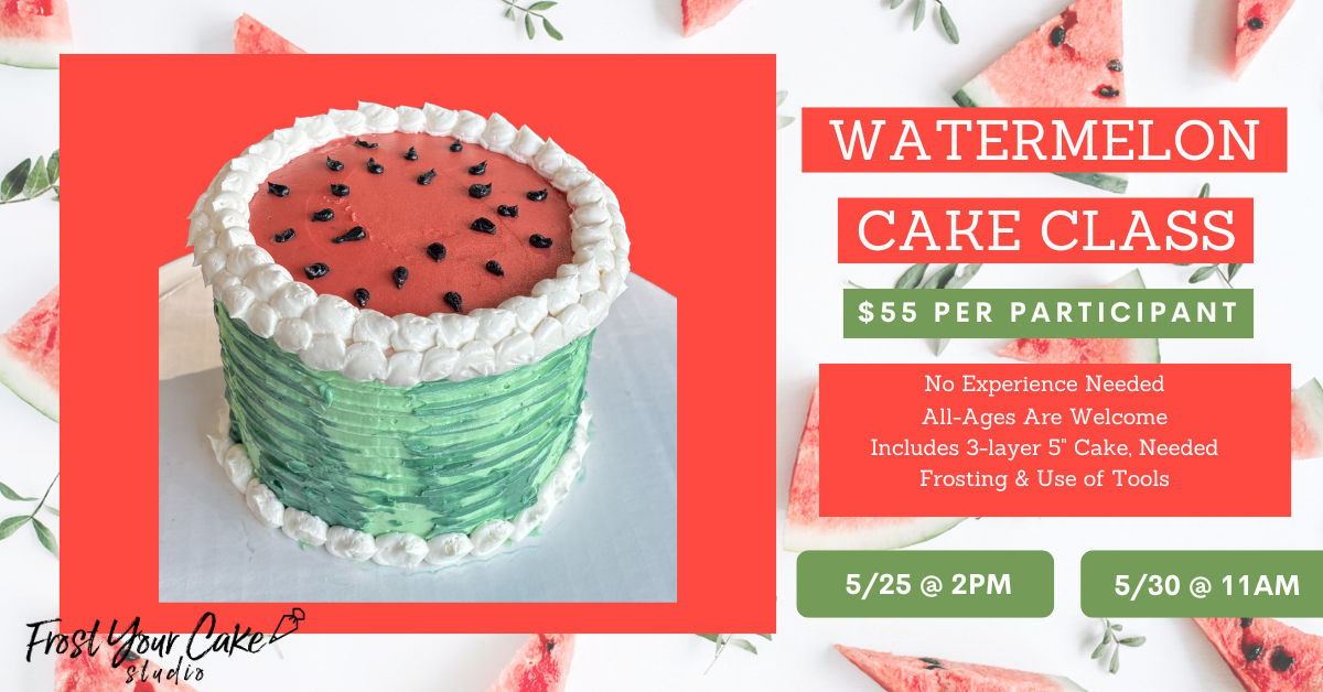 A watermelon-shaped cake with green striped frosting on the sides, white frosting around the top edge, and red frosting with small black seeds on the top, resembling a watermelon.