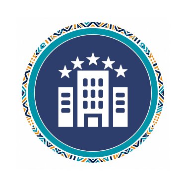 Icon of a building surrounded by five stars, with a decorative border.