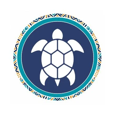 Logo of a turtle with a hexagonal shell inside a blue circle and a colorful geometric border.