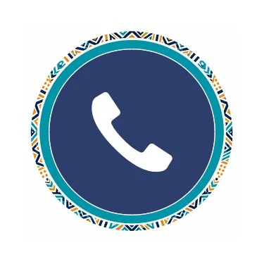 Icon of a white telephone receiver inside a dark blue circle with a decorative patterned border.