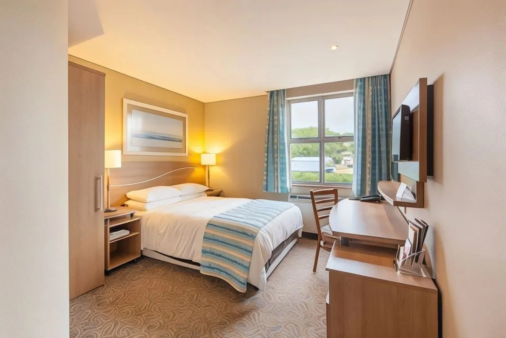 Hotel room with a bed, nightstand, desk, television, window with curtains, and a painting on the wall.