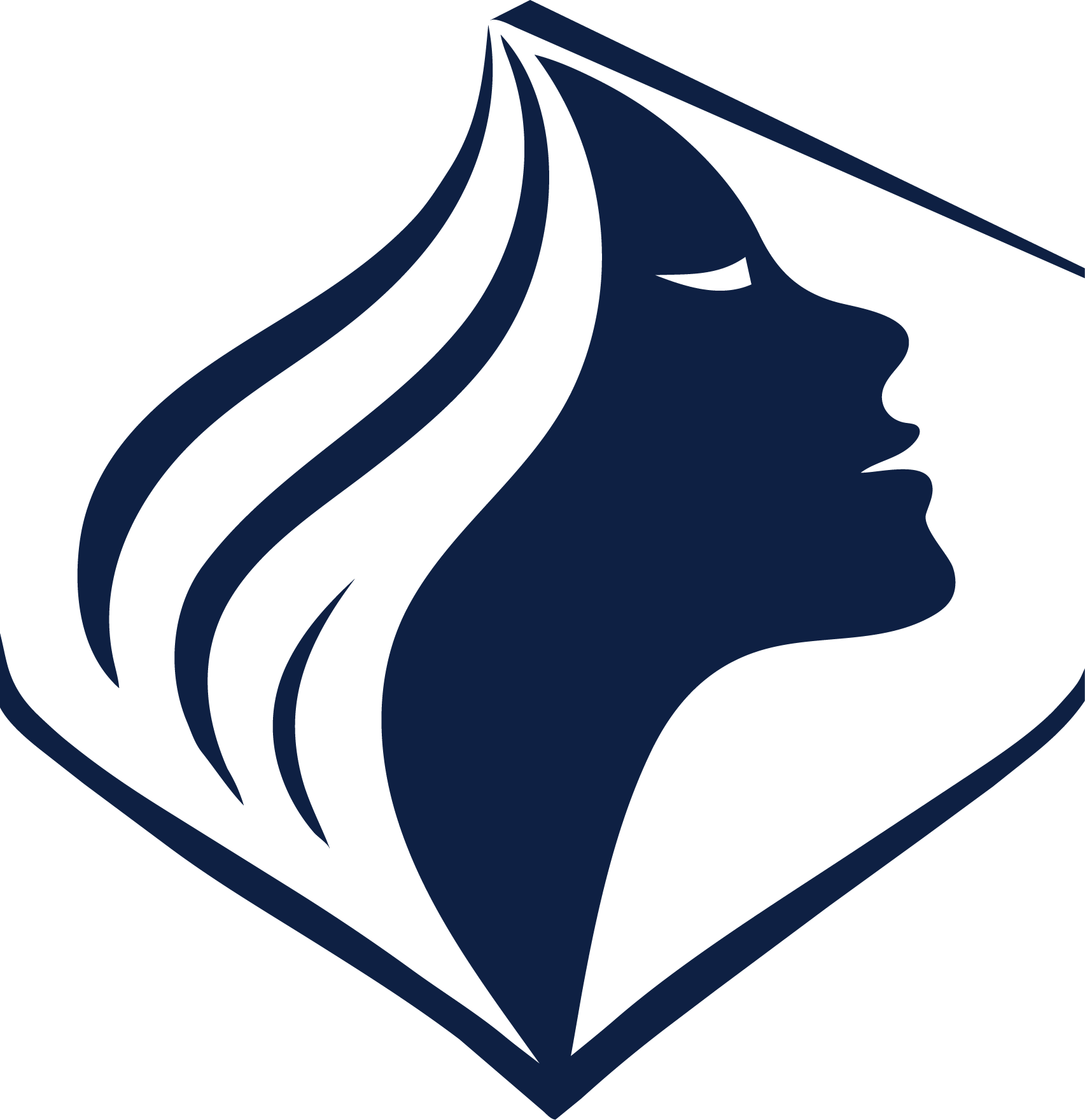 Graphic of a woman's face in profile, with flowing hair, depicted in dark blue on a black background.