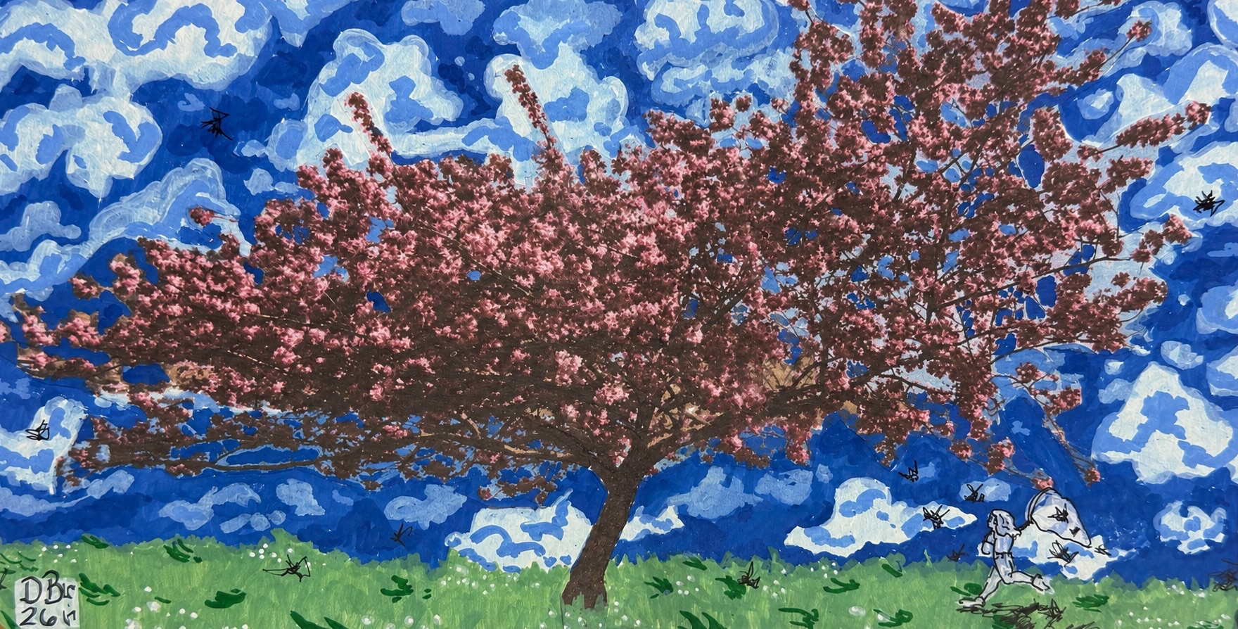 Under the Cherry Blossom, 9" x 4.5", acrylic paint pen and collage, 2026