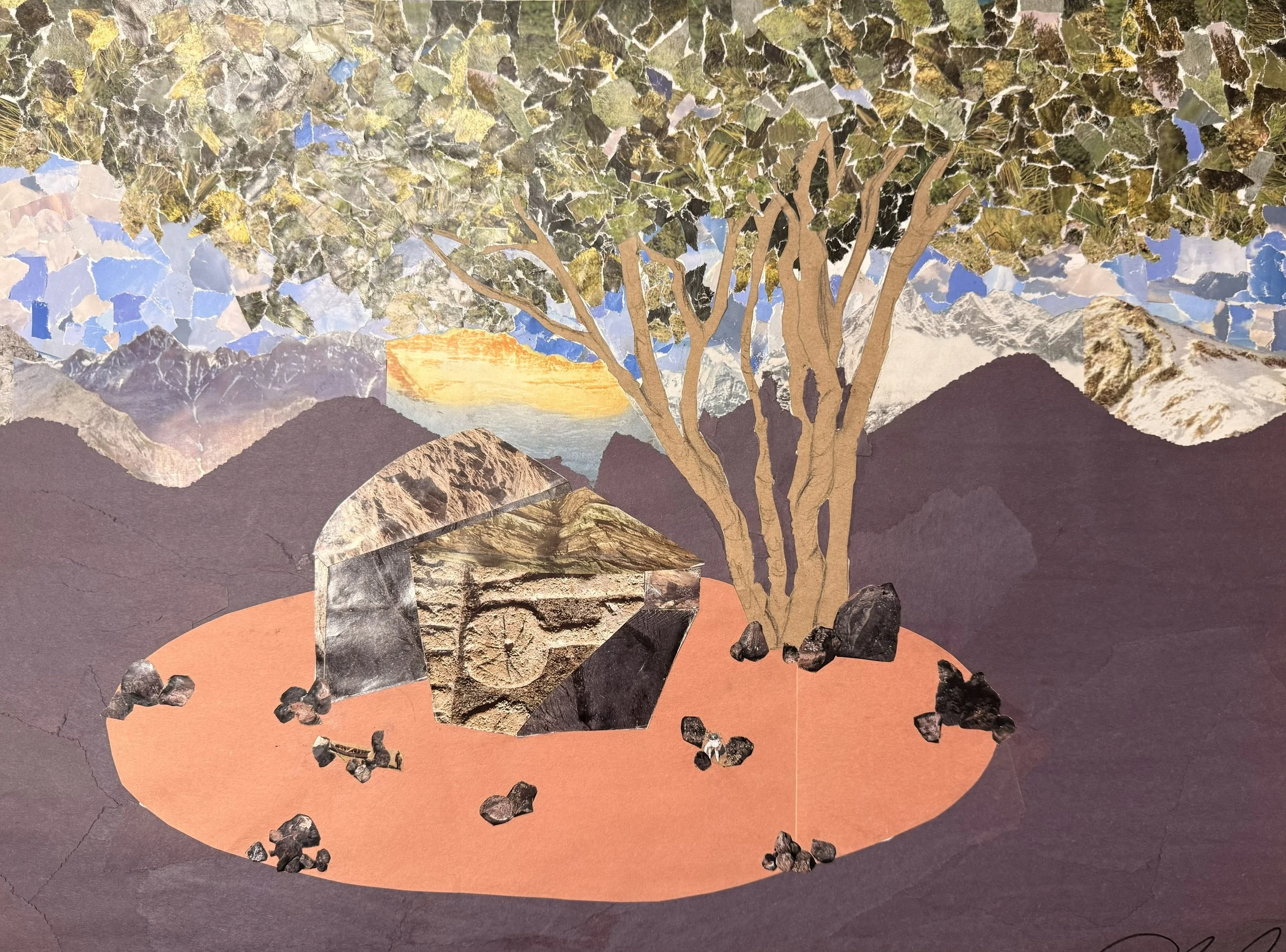 Campus Rock, 24" x 18", mixed media collage, 2025