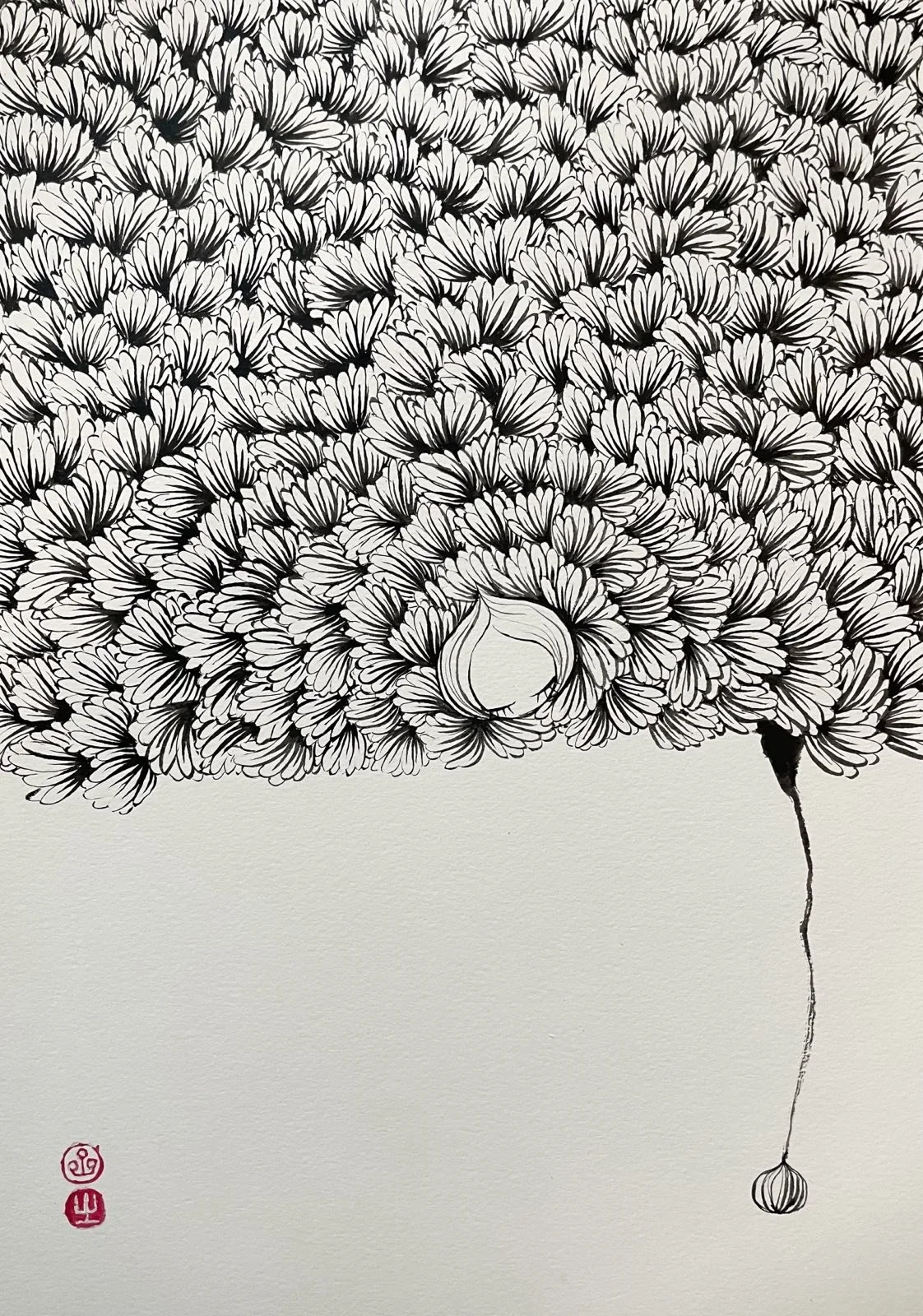 Detailed fine liner art of a floral cloud with a slender hanging seed, showcasing meticulous line work and minimalist composition.