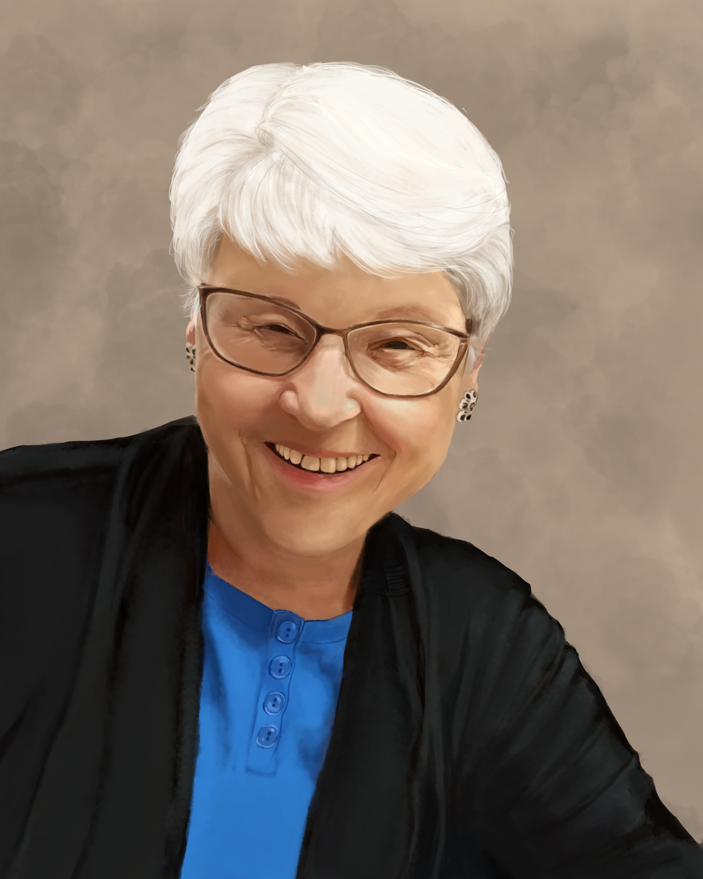A digital painting of a smiling elderly woman with white hair, wearing glasses, earrings, a black jacket, and a blue blouse with buttons, standing against a neutral background.
