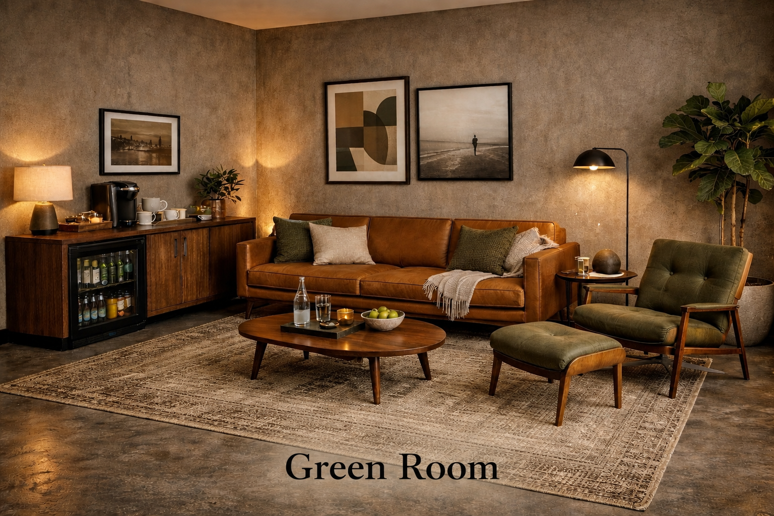 A cozy living room with a leather sofa, a green armchair with an ottoman, a wooden coffee table with a bowl of green apples and drinks, a side table with a lamp and decorative object, a wooden cabinet with a coffee machine, cups, and a plant, framed artwork on the wall, warm lighting, and a large potted plant in the corner.