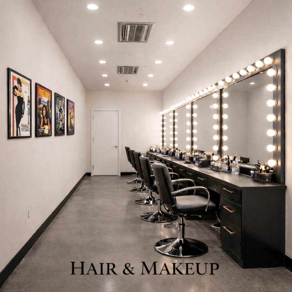 A hair and makeup station with black chairs, a long black counter, large illuminated mirrors, bottles of makeup and hair products, and posters on the wall.