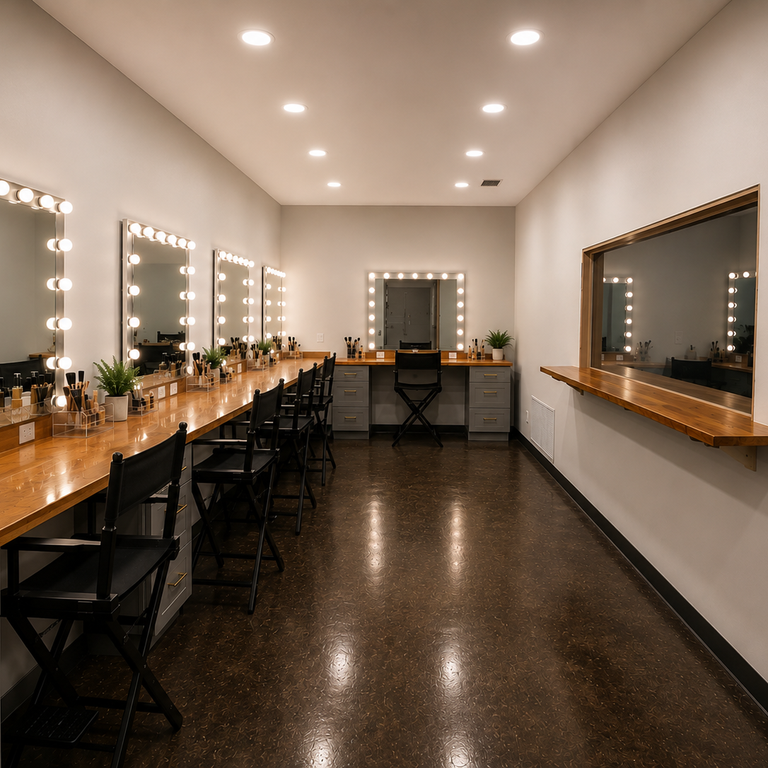 A well-lit makeup or dressing room with a long wooden counter, black chairs, and large illuminated mirrors, adorned with small potted plants and makeup brushes.