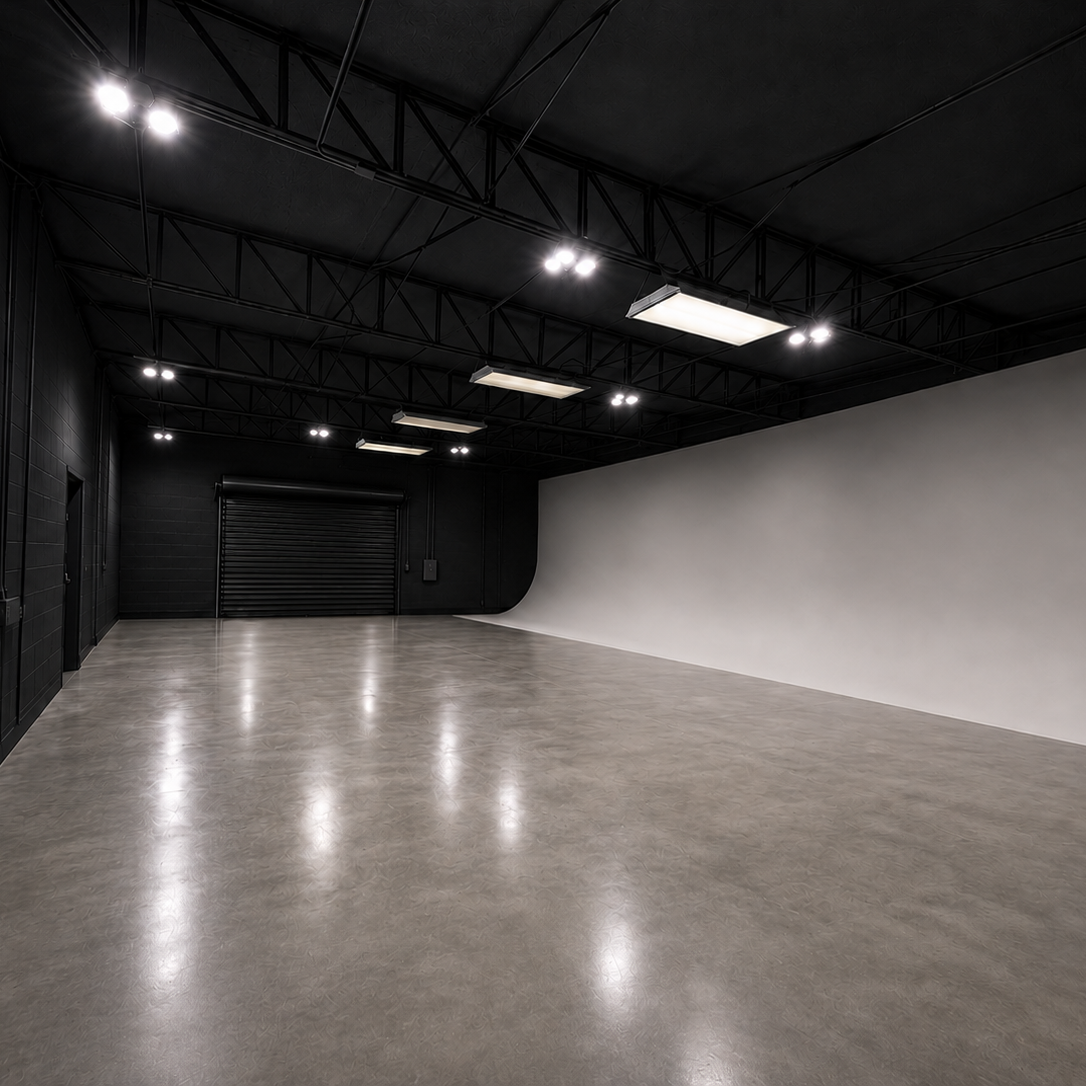 Empty photography studio with black walls, white backdrop, concrete floor, and bright ceiling lights.