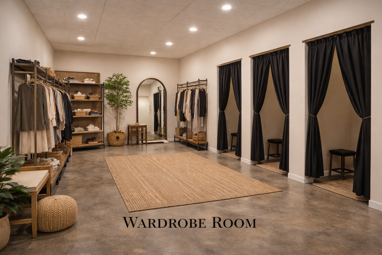 A closet with clothing racks and shelves filled with folded clothes in a wardrobe room. A large mirror, potted plant, and a woven pouf are also visible, with four fitting rooms with black curtains on the right side.