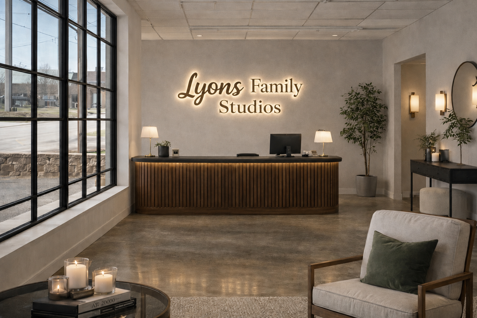 Reception area with a sign that reads 'Lyons Family Studios', a wooden front desk with a computer and lamps, potted plants, wall sconces, a mirror, and a cozy chair with a green pillow.
