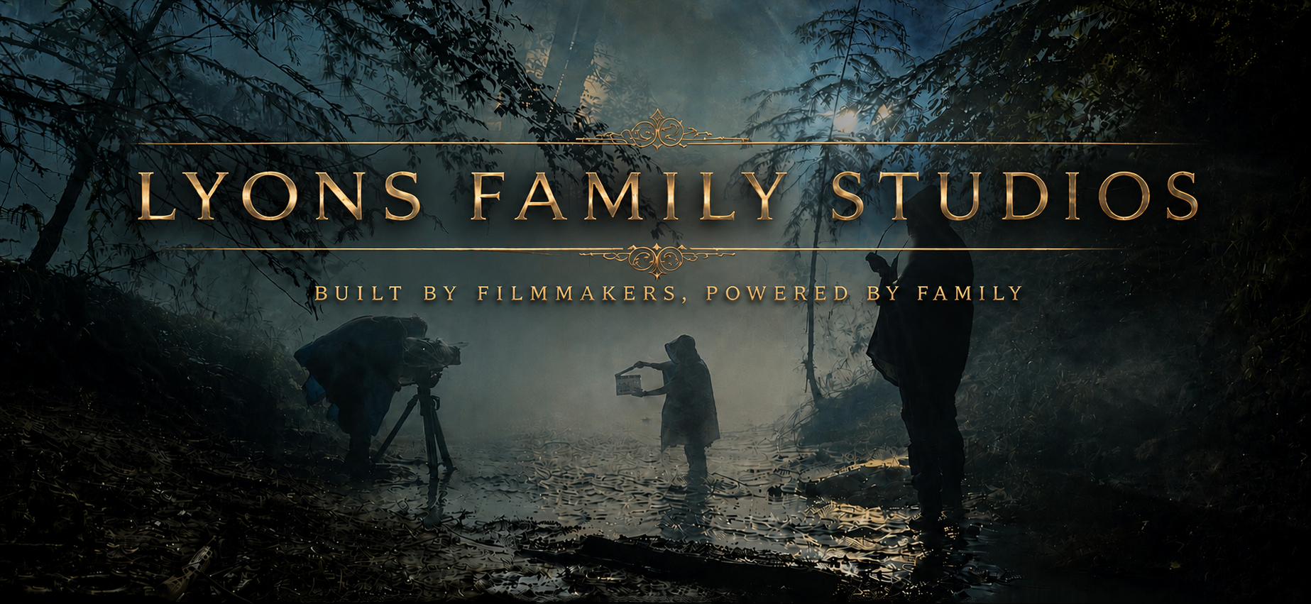 A dark, misty forest scene with a filming crew, including a person operating a camera and another holding a clapperboard. The scene is backlit, creating silhouettes, with the text 'Lyons Family Studios' and 'Built by Filmmakers, Powered by Family' overlaid.