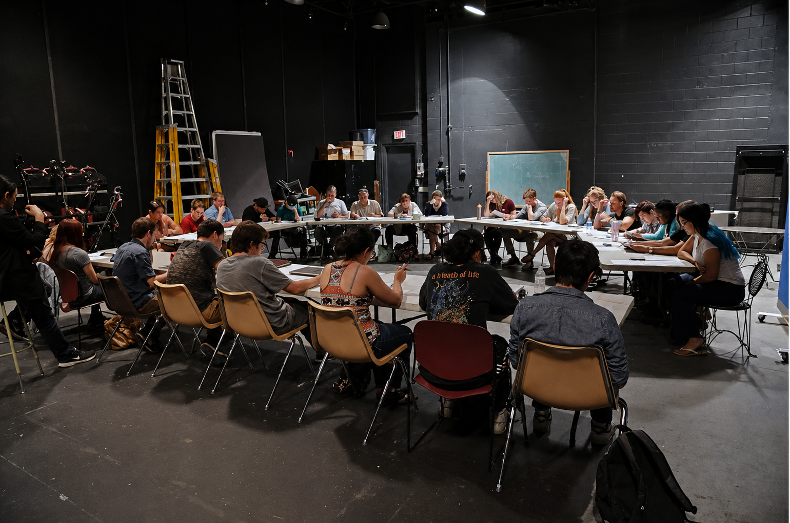 A large group of people seated at a U-shaped arrangement of tables in a black-walled room, engaged in a meeting or class. There are various items like water bottles, notebooks, and electronic devices on the tables. There is a chalkboard on the wall and ladders and boxes in the background.