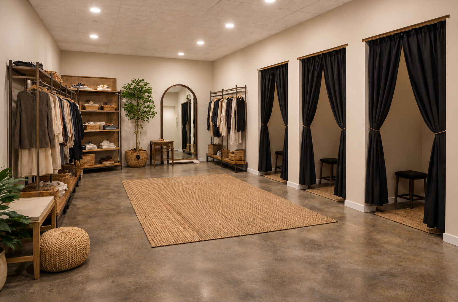 A fitting room space with four booths on the right, each separated by black curtains tied back. On the left, clothing racks display various garments, and shelves store shoes and accessories. A large mirror, a small table, a plant, and a textured rug complete the room's decor with neutral tones and natural elements.