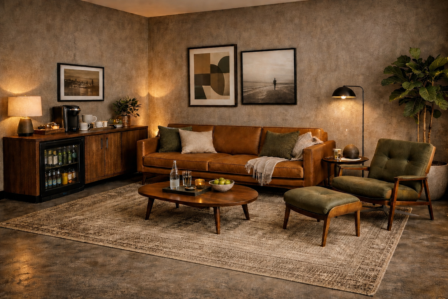Living room with a leather couch, green armchair, coffee table with water and apples, sideboard with cups, plant, and decor, framed artwork, and warm lighting.