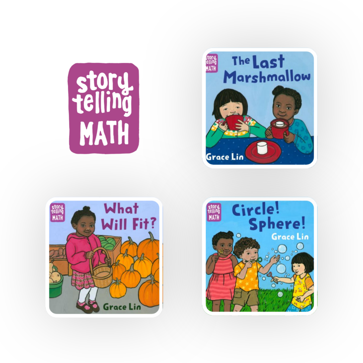 The Story Telling Math series by Grace Lin introduce young children to beginner math concepts with diverse representation.
