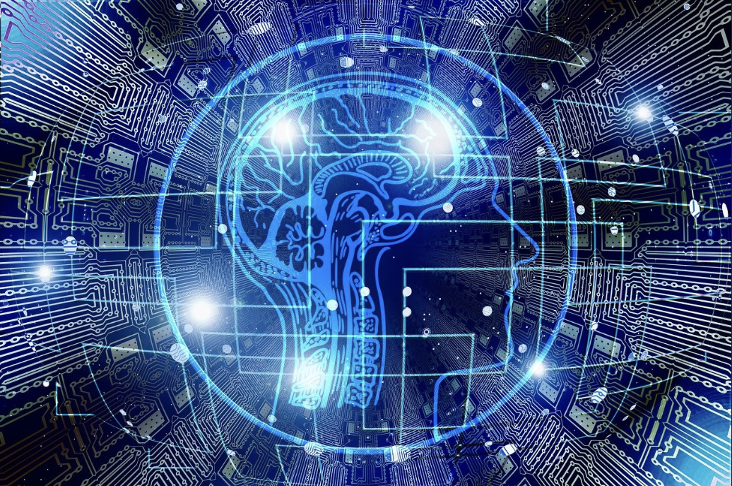 Futuristic digital illustration of a human brain in a circle, overlaid on a background of circuit boards and electronic connections.