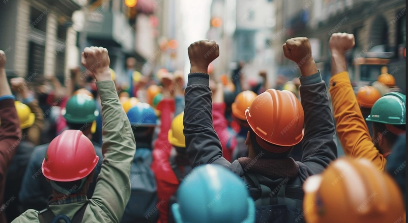 Crowd of construction workers wearing colorful safety helmets, raising their fists in a protest or rally on a city street.