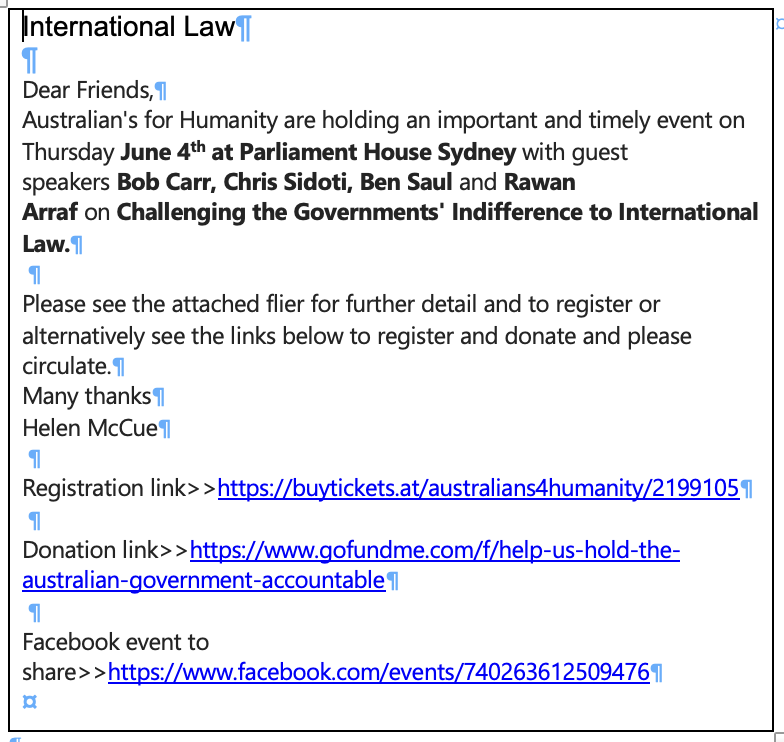 Text-based flyer about an event on June 4th at Parliament House Sydney featuring guest speakers Bob Carr, Chris Sidoti, Ben Saul, and Rawan Arraf discussing international law and government accountability, with links for registration, donations, and Facebook event.