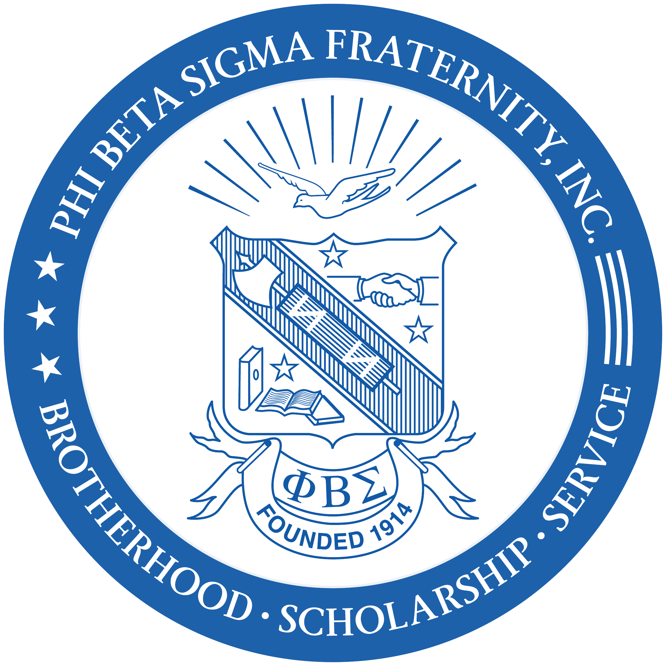 Seal of Phi Beta Sigma Fraternity, Inc. with the motto 'Brotherhood, Scholarship, Service' and the founding year 1914 and other various elements that represent the fraternity values.
