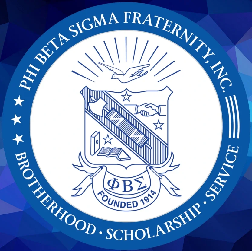 Seal of Phi Beta Sigma Fraternity, Inc. with the motto 'Brotherhood, Scholarship, Service' and the founding year 1914 and other various elements that represent the fraternity values.
