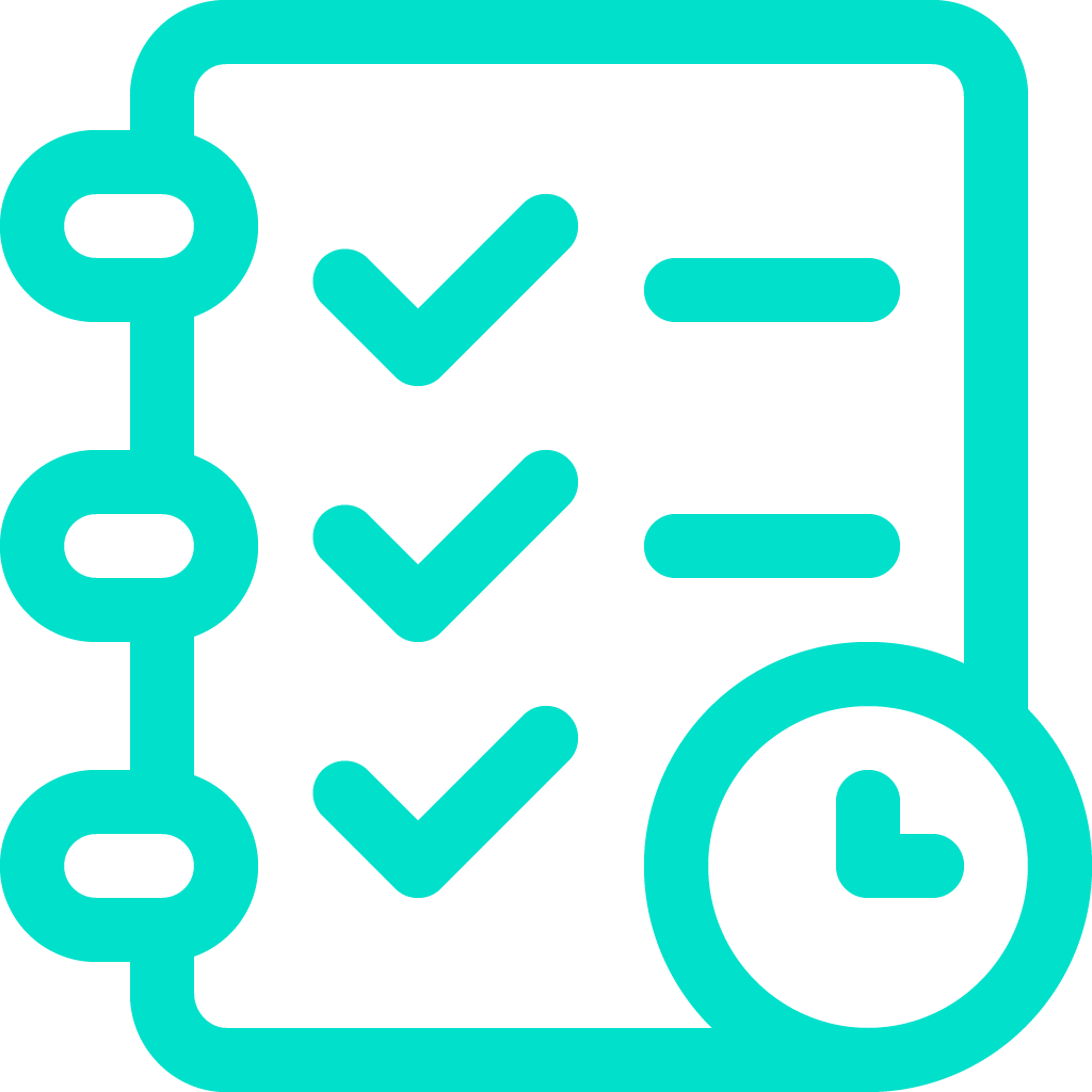 Turquoise checklist icon with three checked items and a clock