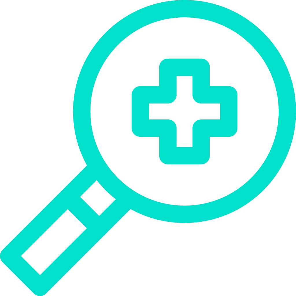 Turquoise magnifying glass with a medical cross symbol inside