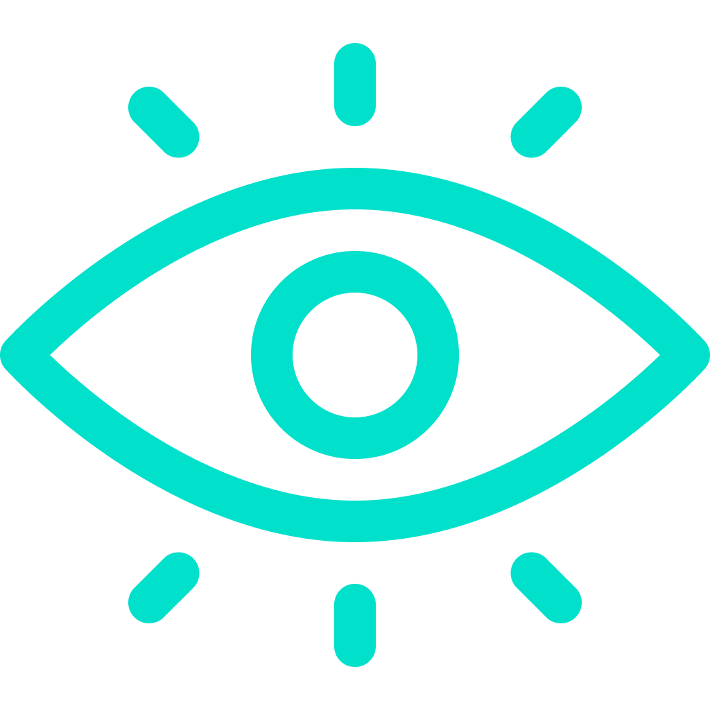 Turquoise eye icon with radiating sun rays on a black background