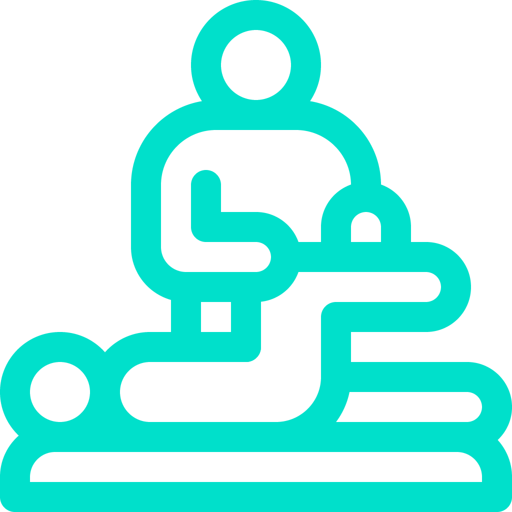 Turquoise outline icon of a person sitting cross-legged in a meditation pose