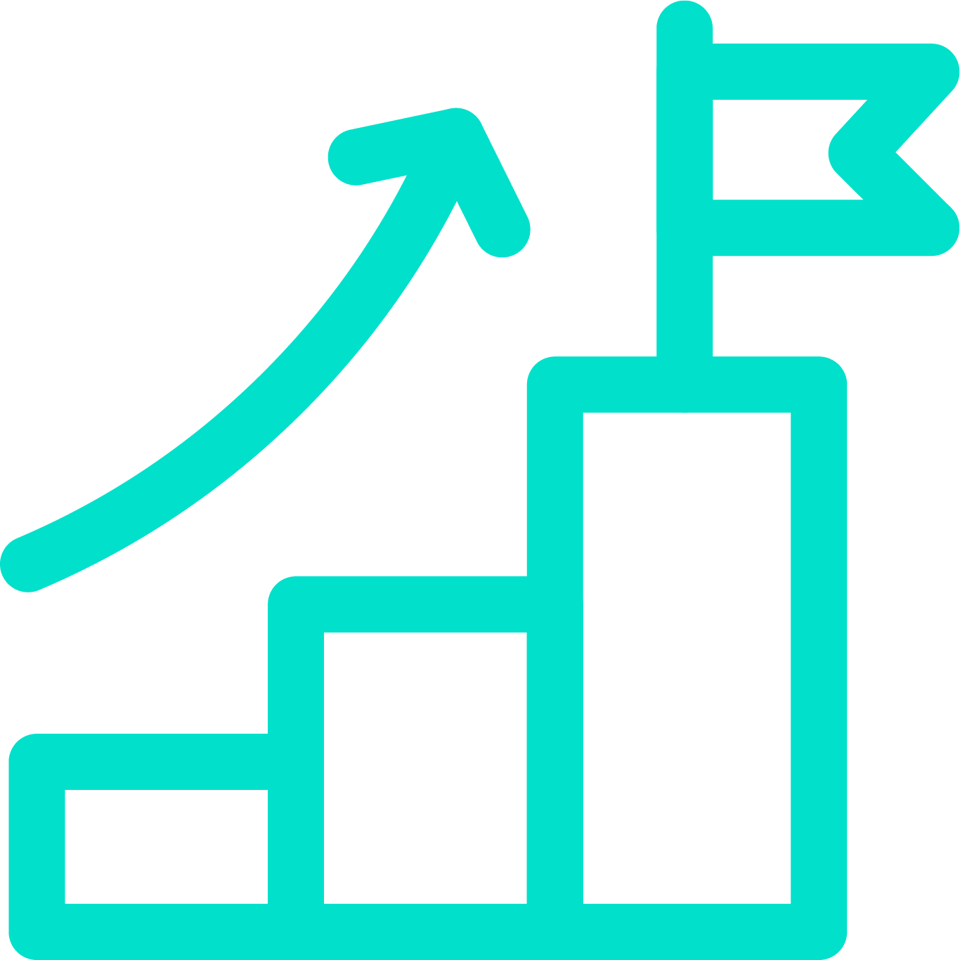 Turquoise ascending bar chart with an upward arrow and flag on a black background