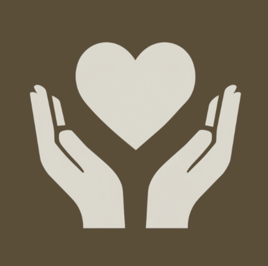 Illustration of two hands holding a heart against a brown background.