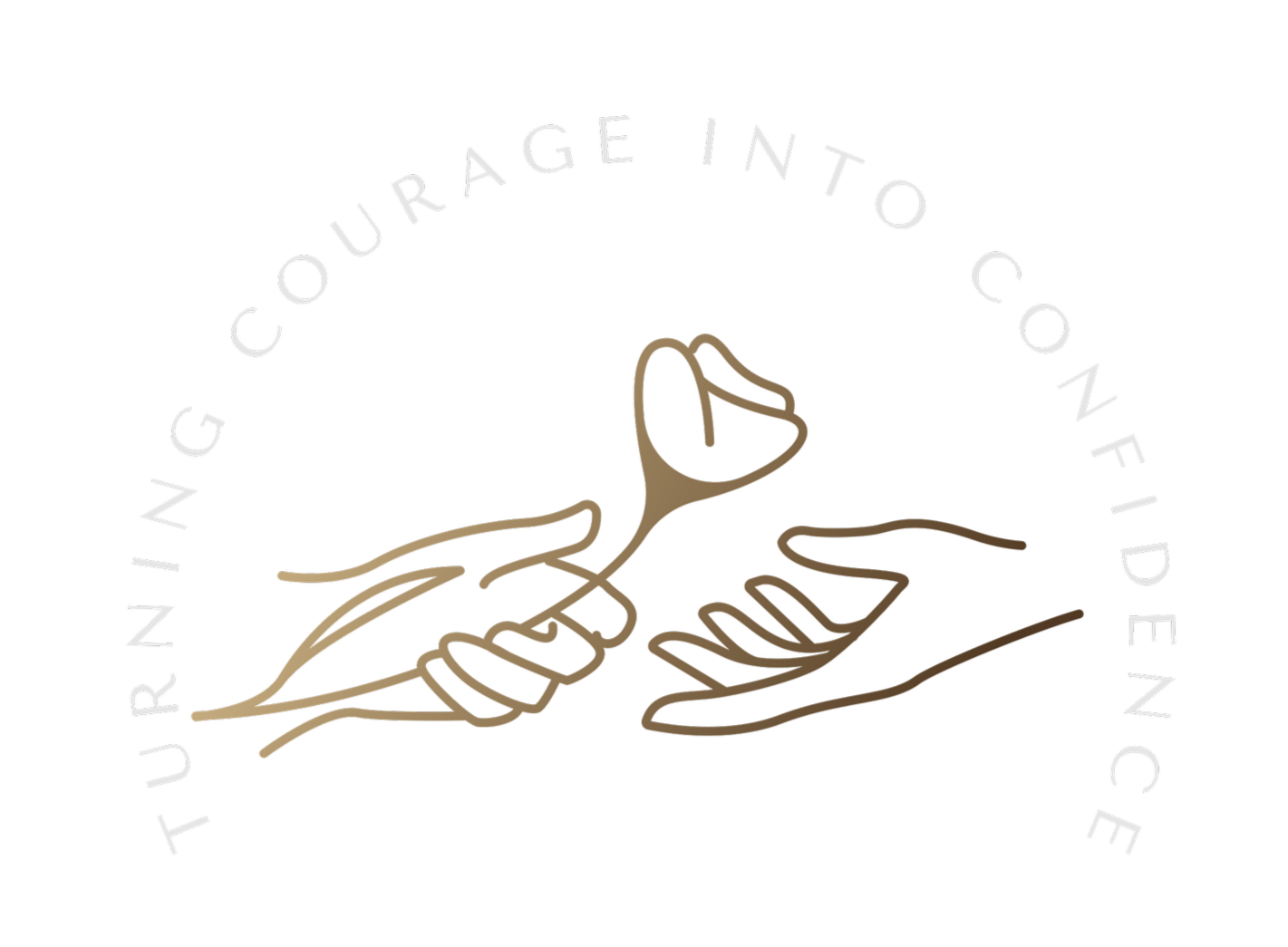 Neon sign with a line drawing of a hand holding a mug, white circular text around it reading 'Turning Courage into Confidence' on a black background.