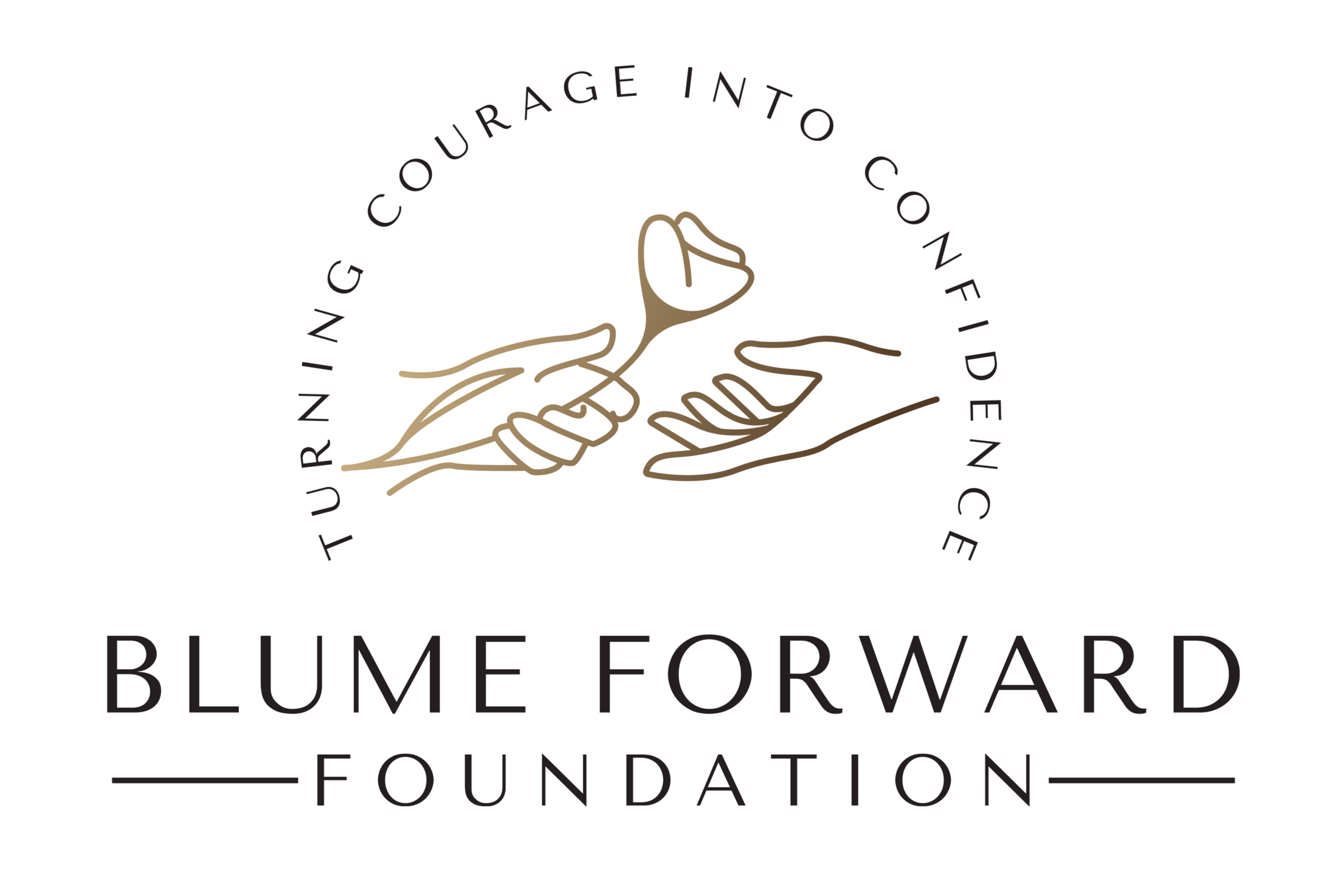 Logo for the Blume Forward Foundation featuring a minimalist line drawing of a hand holding a flower and surrounding text.