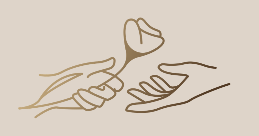 Line drawing of one hand offering a flower to another hand.