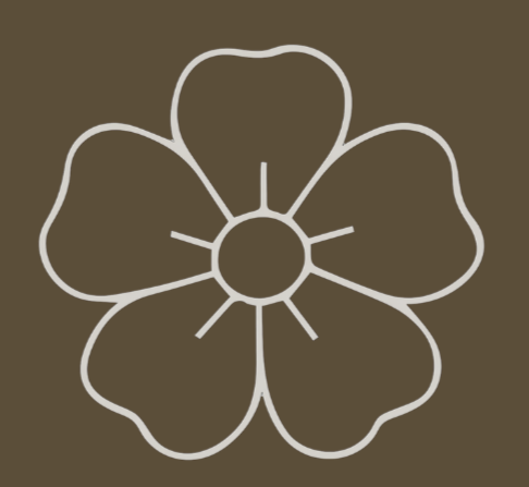 Stylized line drawing of a flower with five petals and a central circle, on a brown background.