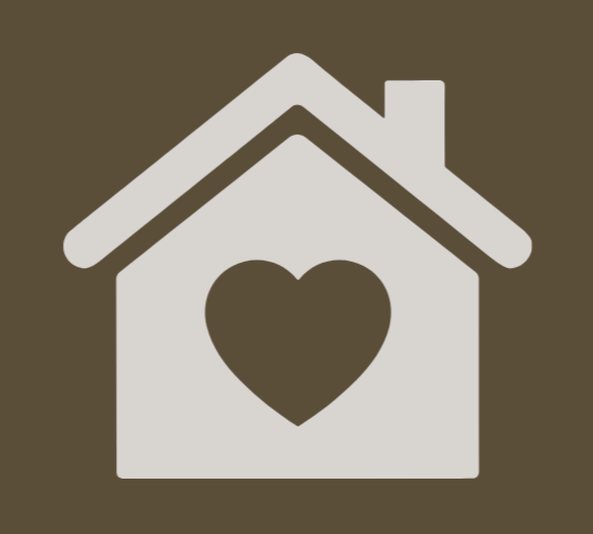 Icon of a house with a heart in the center, brown background.
