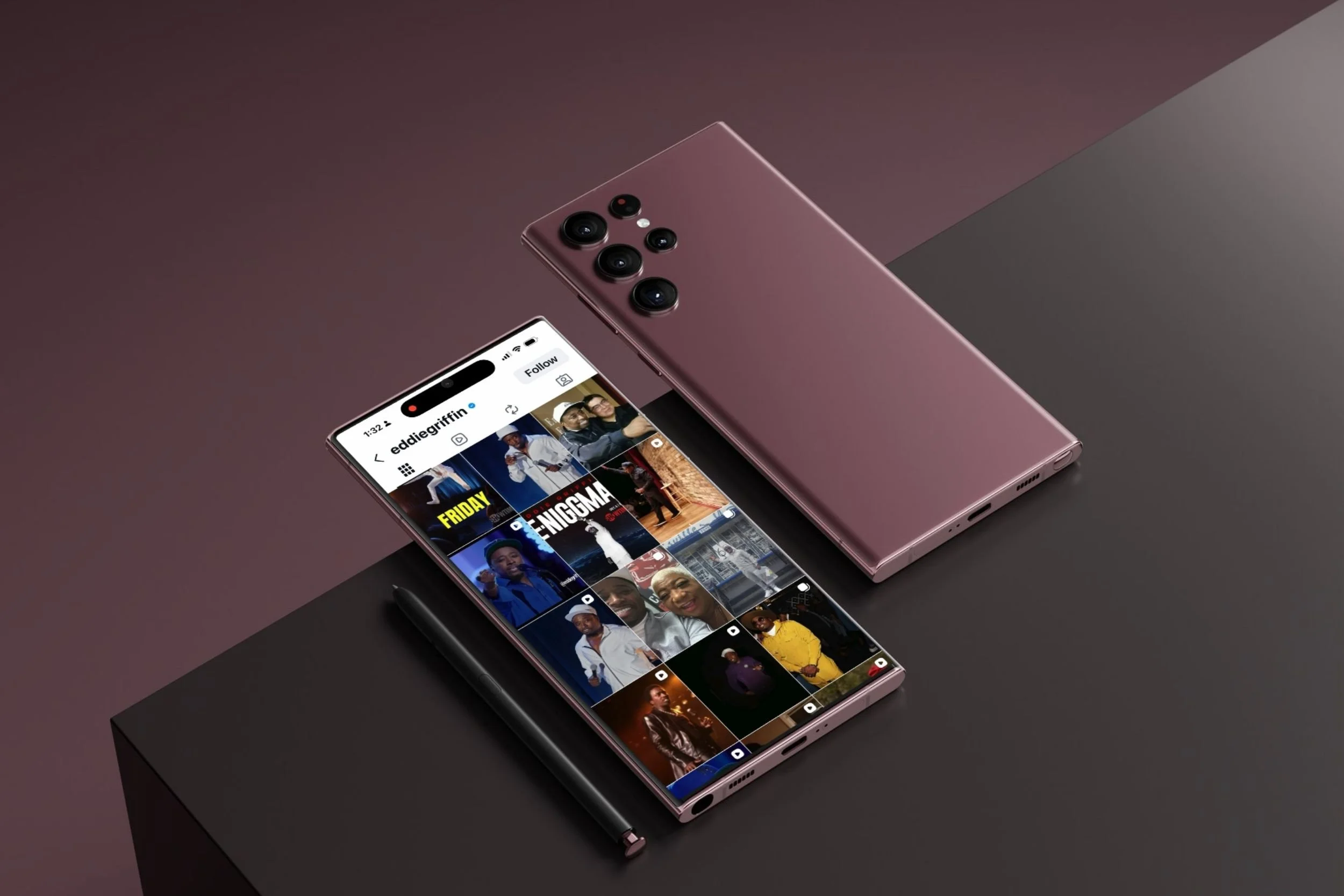 A pink smartphone displaying a social media app with images of various people, resting on a black surface next to a black stylus